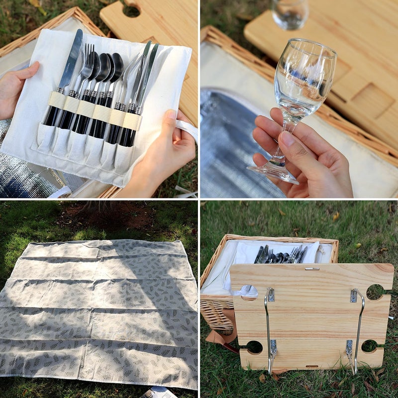 HapTim Wicker Picnic Basket for 4 with Mini Folding Wine Picnic Table & Large Insulated Cooler Bag & Cutlery Service Kits for 4 Person, Couples Gifts, Wedding Gifts (Y2307-4-CM) - Image 3